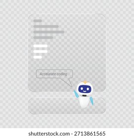 Lindo asistente de robot 3D con ventana de interfaz de vidrio que dice acelerar la codificación. Inteligencia artificial chatbot ayudante para el desarrollo de software y la Ilustración vectorial de programación.