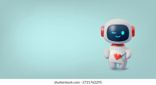 Carácter lindo del robot 3D que sostiene el corazón con amor. Mascota de chatbot AI para el Día de San Valentín. Ilustración de bot de Tecnología con expresión adorable y diseño futurista.