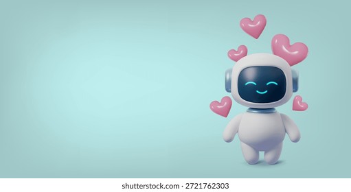 Carácter lindo del robot 3D que sostiene el corazón rosado, mascota del chatbot de la IA con la expresión del amor, ilustración de la tecnología del día de San Valentín, diseño adorable del bot digital