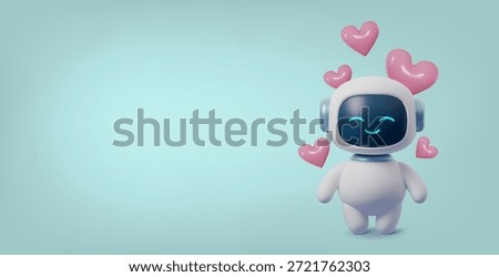 Cute 3D robot character holding pink heart, AI chatbot mascot with love expression, Valentine's Day tech illustration, adorable digital bot design