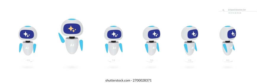 Conjunto de rotación de agentes de IA: 6 ángulos para la interfaz de usuario, la incorporación y la ilustración de chatbot. Fácil de editar en formato de Vector. Funciona bien con inclinación 3D: presentaciones de diseño de profundidad y estados de movimiento de la interfaz de usuario.