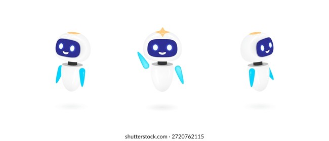 Nette 3D-Roboter-Zeichensatz winkende Hand, Vektorgrafik. Freundliches weißes AI-Chatbot-Maskottchen für Technologie, Kundensupport und künstliche Intelligenz - Innovationskonzepte einzeln auf weiß.