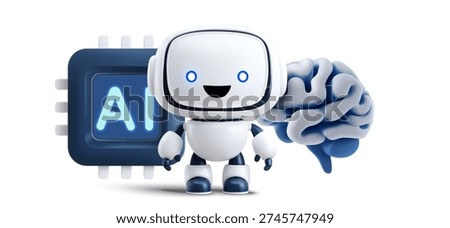 Cute 3D robot mascot with AI chip and human brain, symbolizing artificial intelligence, machine learning, neural networks and automation. Isolated on white background.