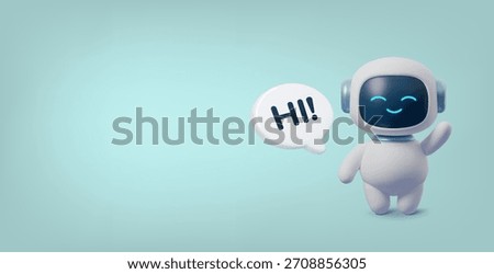 Cute 3D robot waving with speech bubble saying Hi. Friendly AI chatbot character on clean background. Modern digital assistant illustration for tech, apps and customer support