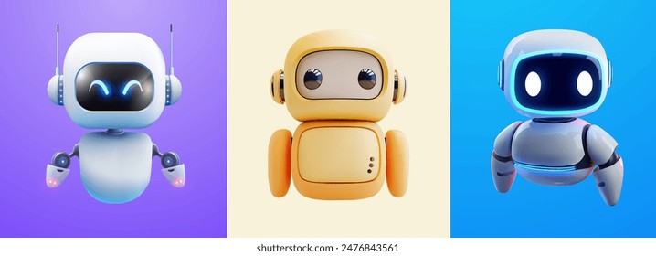 Lindos robots 3D contra fondos coloridos para temas de Tecnología. Un conjunto de tres adorables robots 3D, cada uno con un diseño y personalidad únicos, exhibidos contra fondos vibrantes. Vector