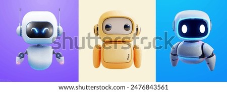 Cute 3D Robots Set Against Colorful Backgrounds for Technology Themes. A set of three adorable 3D robots, each with a unique design and personality, displayed against vibrant backgrounds. Vector