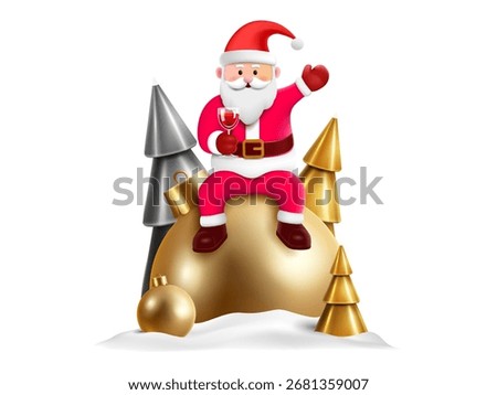 cute 3D santa claus character sitting on the christmas gold bauble.gold and silver color metal christmas trees on the snow. greeting card,invitation,celebration backgrounds design clip art.