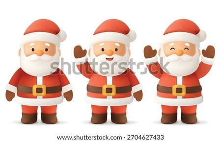 Cute 3D Santa Claus icon in vinyl toy style. Happy Father Christmas character standing and waving hand. Ideal for holiday greeting cards, winter sale banners, or festive app UI.