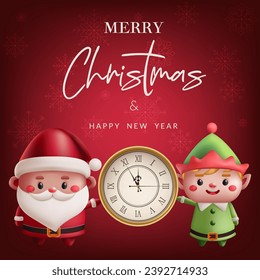 Cute 3D Santa and elf illustration with a clock for New Year and Christmas. Happy characters in festive red banner. Ideal for holiday greetings and decorations. Not AI generated.