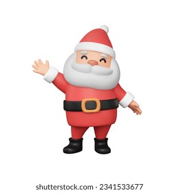 Cute 3d Santa waving his hand. Vector Christmas character, standing grandfather in cartoon plastic style. Isolated illustration for New Year banners, concepts, advertising.