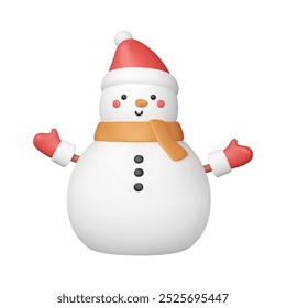 Cute 3d snowman in Santa hat. New Year and Christmas cartoon symbol. Rendering of winter snowy character with smiling face, scarf and mittens on twigs. Vector isolated illustration. Happy toy.