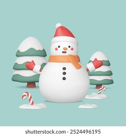 Cute 3d snowman in Santa's hat standing with snowy trees and candy canes in snowdrifts. New Year's banner. Minimalistic Christmas card, vector illustration with winter happy character.