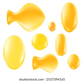 Cute 3D soft gel capsule set isolated, transparent background. glowing yellow gold gradient texture omega 3 or vitamin pills icon in various shapes. Vector healthy supplement illustration.