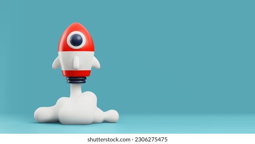 Lanzamiento de nave espacial Cute 3d, banner con espacio vacío para texto - ilustración vectorial sobre fondo azul. Conceptos de negocio y de inicio. Cohetes espaciales volando.