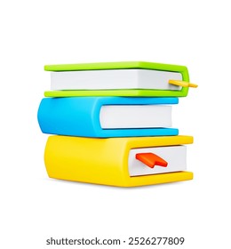 Cute 3d stack of colorful books with bookmark on white backdrop. Bright and modern design element for education, reading, or library-related concepts in web and app. Vector illustration of 3d render.