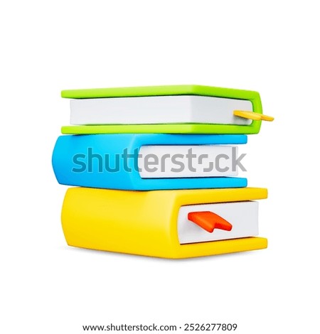 Cute 3d stack of colorful books with bookmark on white backdrop. Bright and modern design element for education, reading, or library-related concepts in web and app. Vector illustration of 3d render.