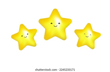 Cute 3d stars vector. Yellow star kawaii character illustration style. Customer product rating.