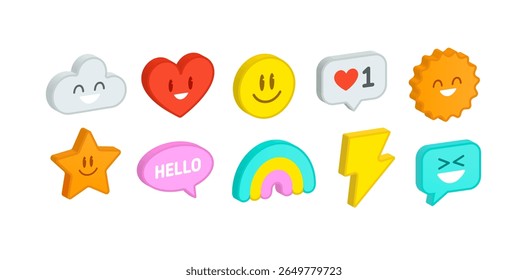 Cute 3D style kawaii icons and social media elements. Cartoon stickers and signs set of happy emoticons characters, smile face, funny star, rainbow, chat message etc. Editable 3d vector