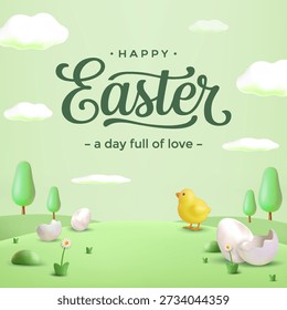 Cute 3D stylized illustration featuring a little yellow chick and cracked eggshells on a rolling green spring landscape, conveying a message of Happy Easter and a day full of love.