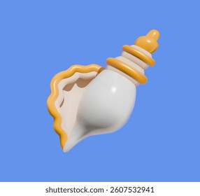 Cute 3D stylized tropical seashell with orange accents, isolated on a vibrant blue background for summer themes.