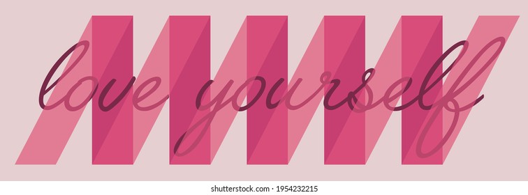 Cute 3D typography inspirational love yourself slogan print with pink ribbon for girl - woman - kids tee t shirt or sticker