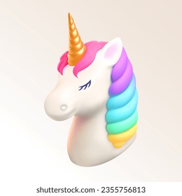 Cute 3d unicorn head kids colorful illustration. Vector unicorn with a golden horn dreamy card