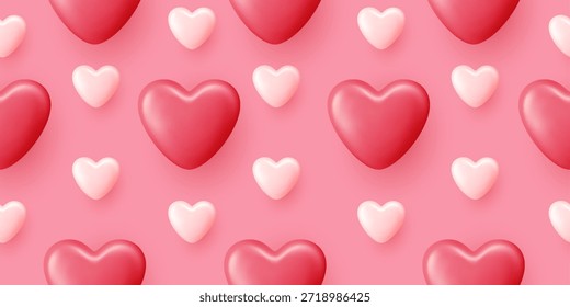 Cute 3D Valentine background with repeating white, red, and pink symbols. Modern romantic texture perfect for greeting cards, gift wrap, fabric prints, or decorative wallpaper designs.