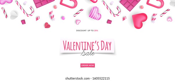 Cute 3d valentine's day sale web banner vector template