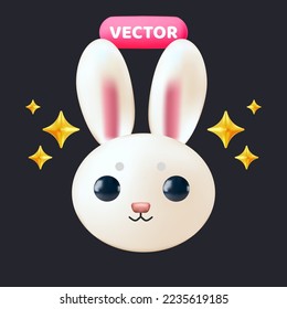 Cute 3D Vektor Baby Bunny Gesicht mit glänzenden Funken rund einzeln auf dunklem Hintergrund