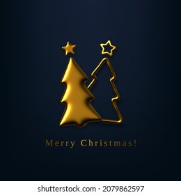 Cute 3D vector Christmas greeting card with two golden Christmas trees on dark night background. 