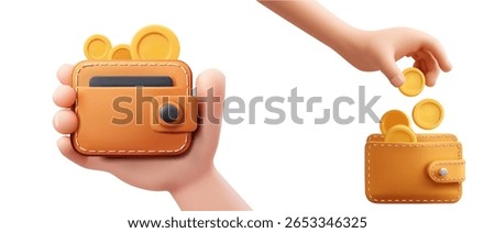 Cute 3D vector illustration of hands saving golden coins into a brown leather wallet, symbolising budgeting, finance, cash handling and personal savings. 