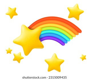 A cute 3D vector illustration of a 3d realistic star balloons with a cartoon falling star with rainbow trace, perfect for celebrating birthdays, baby showers. Isolated stickers for decorations