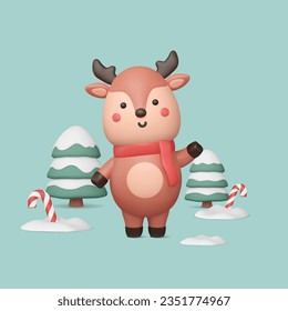 Cute 3d vector reindeer wave hand, snowy trees and candy cane in snowdrift. Christmas deer render in plastic style. Minimal illustration on turquoise background. New Year banner, greeting card.
