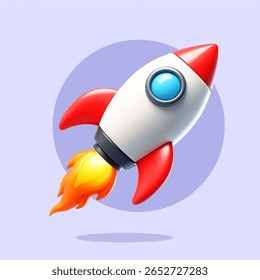 Cute 3D vector rocket blasting off with fire, symbolizing startup growth, space exploration, innovation, and bold business ventures