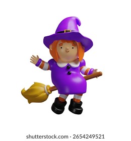 Cute 3D witch illustration in purple dress and hat, flying on a broomstick. Glossy finish, orange hair, and cheerful expression. Halloween, magical designs, kids prints, and spooky decorations.