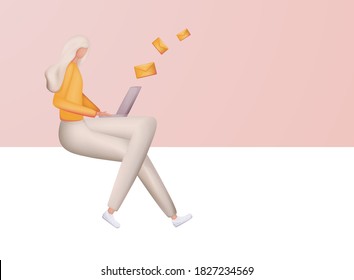 Cute 3d woman send mails, chatting. Business woman vector illustration. Working process, new email message, mail notification.