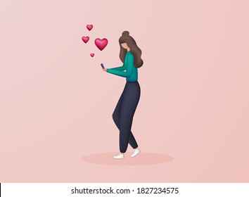 Cute 3d woman send mails, chatting. Love mail - hearts flying out smartphone in womans hands. 