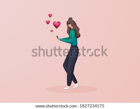 Cute 3d woman send mails, chatting. Love mail - hearts flying out smartphone in womans hands. 