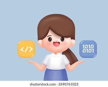 Cute 3D woman show programming code and binary code symbol. Web development, programming language and coding concept. 3d vector people character. Cartoon minimal style.