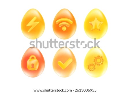 Cute 3D yellow easter eggs icon set isolated Png, transparent background. Iridescent glowing glass or plastic texture easter eggs with different icons like star, check mark decoration design element.