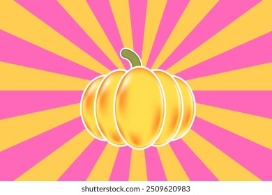 Cute 3D yellow gold pumpkin, with cartoon vintage hot pink, orange sunburst background, glowing pumpkin decoration for fall sale or promotion banner.