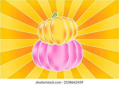 Cute 3D yellow gold pumpkin, with cartoon vintage orange sunburst background, glowing pumpkin decoration for fall sale or promotion banner.