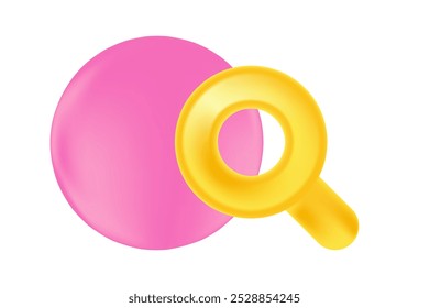 Cute 3D yellow, gold search icon or magnifier glass isolated element, transparent background. Aesthetic cartoon glowing plastic texture loupe illustration for marketing data, SEO search engine.