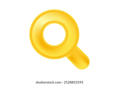 Cute 3D yellow, gold search icon or magnifier glass isolated element, transparent background. Aesthetic cartoon glowing plastic texture loupe illustration for marketing data, SEO search engine.