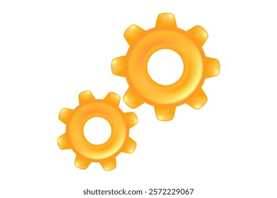 Cute 3D yellow, gold two gears icon isolated, transparent background. Glowing plastic or glass texture cogwheel network technology icon for infographics, presentation - Powered by Shutterstock - Get 15% off with code: PIKWIZARD15