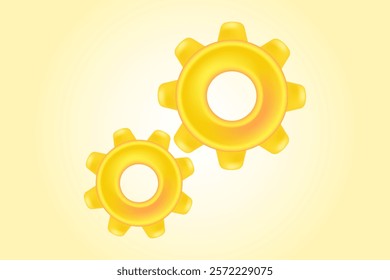 Cute 3D yellow, gold two gears icon, industrial technology yellow background. Glowing plastic texture cogwheel network icon for infographics, presentation