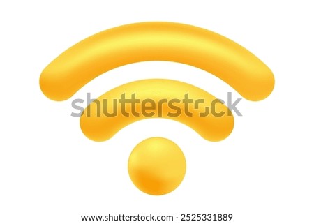 Cute 3D yellow, gold wifi icon, isolated transparent background, wireless free internet zone design element. Glowing plastic texture internet network icon for infographics, presentation