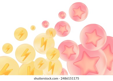 Cute 3D yellow lightening bolt with pink stars in flowing bubbles, representing quality or. best choice illustration. Transparent background. Great for decoration, presentation, banner