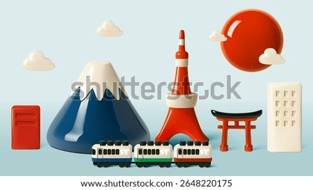 Cute 3D-style illustration of Japan featuring Mount Fuji, Tokyo Tower, trains, torii gate, sun, and cityscape with pastel colors.

