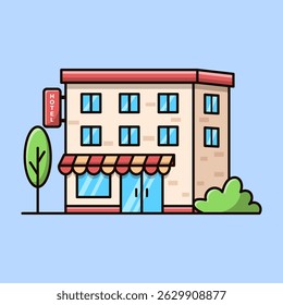 A cute 3-story hotel vector with windows, a red sign, and greenery. Great for kids' learning materials, games, or city illustrations.